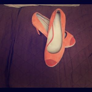 Peep toe suede heels